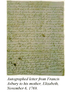 Autographed letter from Francis Asbury to his mother, Elizabeth, November 6, 1769.