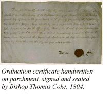 Ordination certificate handwritten on parchment, signed and sealed by Bishop Thomas Coke, 1804.