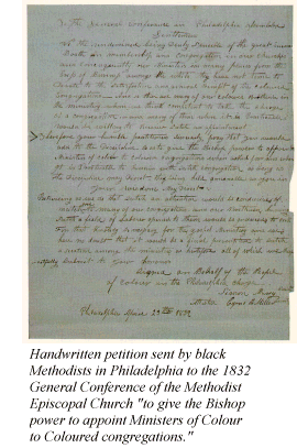 Handwritten petition sent by black Methodists in Philadelphia to the 1832 General Conference of the Methodist Episcopal Church to give the Bishop power to appoint Ministers of Colour to Coloured congregations.
