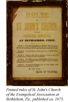 Printed rules of St. John's Church of the Evangelical Association at Bethlehem, Pa., published ca. 1875.
