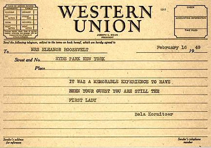 Telegram from Kornitzer to Eleanor Roosevelt at Hyde Park, N.Y., February 16, 1949.  