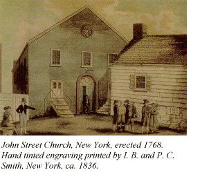 John Street Church, New York, erected 1768. Hand tinted engraving printed by I. B. and P. C.