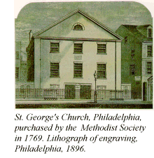 St. George's Church, Philadelphia, purchased by the  Methodist Society in 1769. Lithograph of