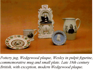 Pottery jug, Wedgewood plaque, Wesley in pulpit figurine, commemorative mug and small plate. Late 18th century British, with exception, modern Wedgewood plaque.