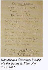 Handwritten deaconess license of Miss Fanny E. Platt, New York, 1891.