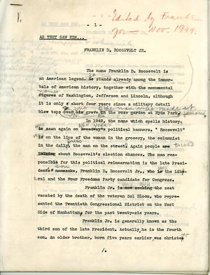 Partial typescript of American Fathers and Sons, with manuscript annotations and edits by Franklin Roosevelt, Jr.