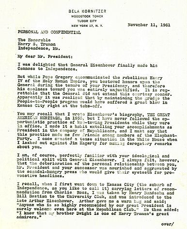 TRUMAN LETTER with caption
'Copy of Kornitzer’s letter to Harry S. Truman, November 11, 1961.'